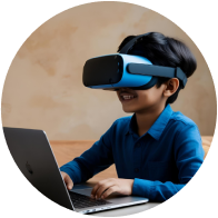 Boy wearing VR headset using laptop, side view